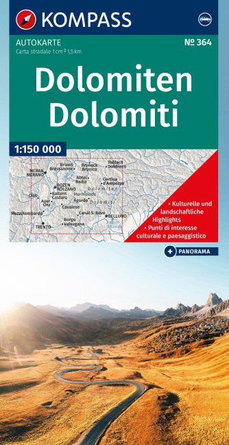 KOMPASS Auto- und Panoramakarte Dolomiten / Dolomiti / Dolomites 1:150.000 - 