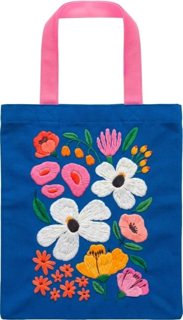 Bunte Blumengrüße Bestickter Stoffbeutel royalblau - 