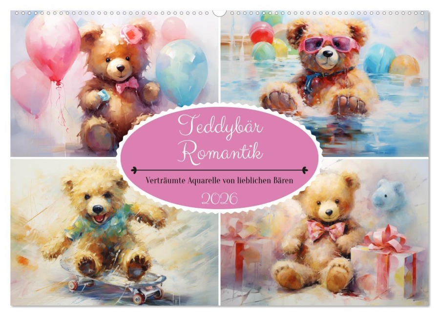 Teddybär Romantik. Verträumte Aquarelle von lieblichen Bären (Wandkalender 2026 DIN A2 quer), CALVENDO Monatskalender - Rose Hurley