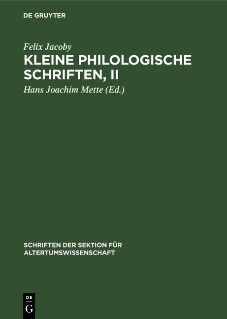 Kleine Philologische Schriften, II - Felix Jacoby