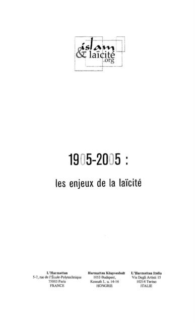 1905-2005: enjeux de la laicite - Collectif