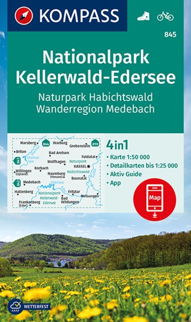 KOMPASS Wanderkarte 845 Nationalpark Kellerwald-Edersee, Naturpark Habichtswald, Wanderregion Medebach 1:50.000 - 