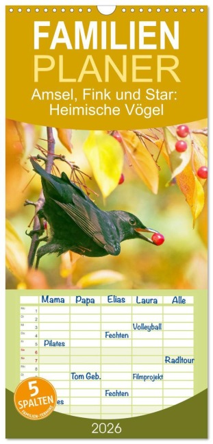 Familienplaner 2026 - Amsel, Fink und Star: Heimische Vögel mit 5 Spalten (Wandkalender, 21 x 45 cm) CALVENDO - Calvendo Calvendo