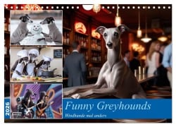 Cover-Bild zum Titel 'Funny Greyhounds - Windhunde mal anders (Wandkalender 2026 DIN A4 quer), CALVENDO Monatskalender' von 'Markus Helfferich'
