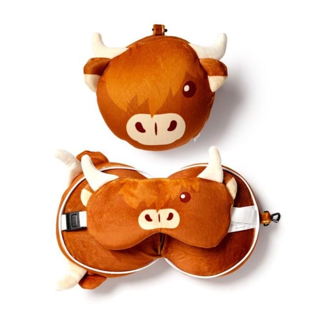 Relaxeazzz Plüsch Highland Coo Kuh Reisekissen & Schlafmaske - 