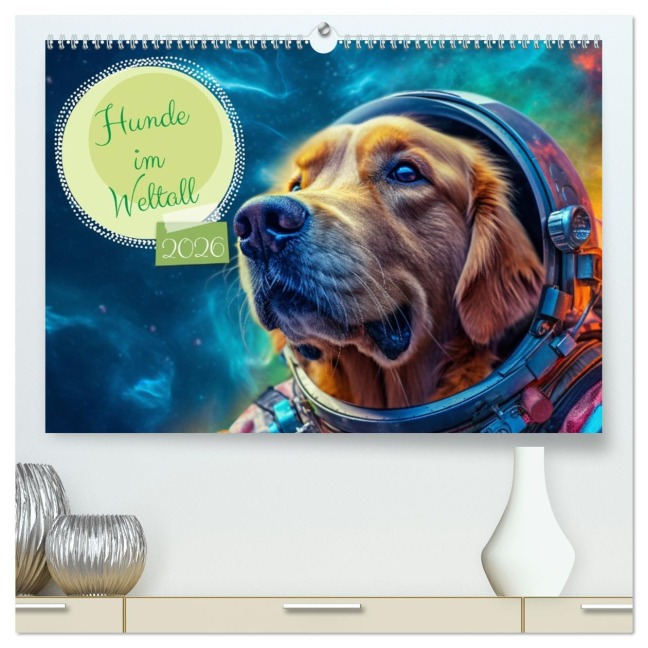 Hunde im Weltall (hochwertiger Premium Wandkalender 2026 DIN A2 quer), Kunstdruck in Hochglanz - Rupert Kowalski