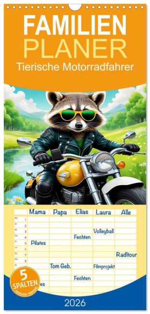 Familienplaner 2026 - Tierische Motorradfahrer mit 5 Spalten (Wandkalender, 21 x 45 cm) CALVENDO - Mythogalaxis Mythogalaxis