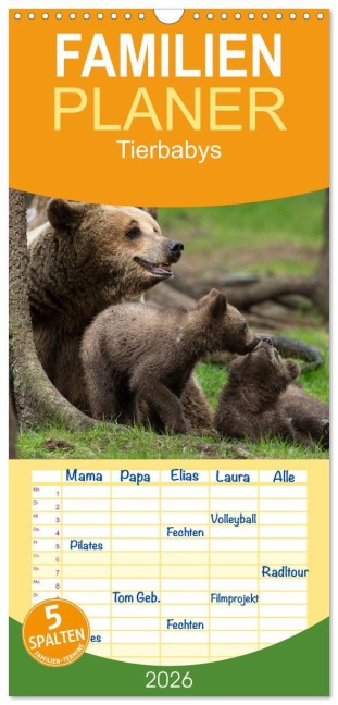 Familienplaner 2026 - Tierbabys 2026 mit 5 Spalten (Wandkalender, 21 x 45 cm) CALVENDO - Johann Schörkhuber