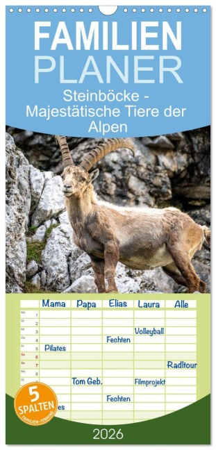 Familienplaner 2026 - Steinböcke - Majestätische Tiere der Alpen mit 5 Spalten (Wandkalender, 21 x 45 cm) CALVENDO - Sven Burbott