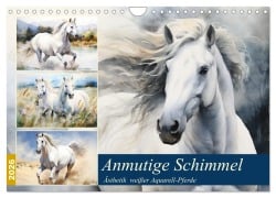 Cover-Bild zum Titel 'Anmutige Schimmel. Ästhetik weißer Aquarell-Pferde (Wandkalender 2026 DIN A4 quer), CALVENDO Monatskalender' von 'Rose Hurley'