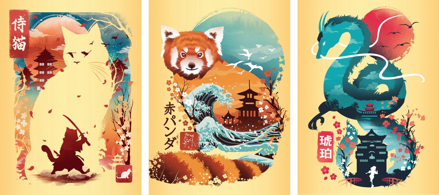 Minipuzzle-Trio 100 Teile - Ukiyo-e Katzenkrieger, Roter Panda & Drache - 