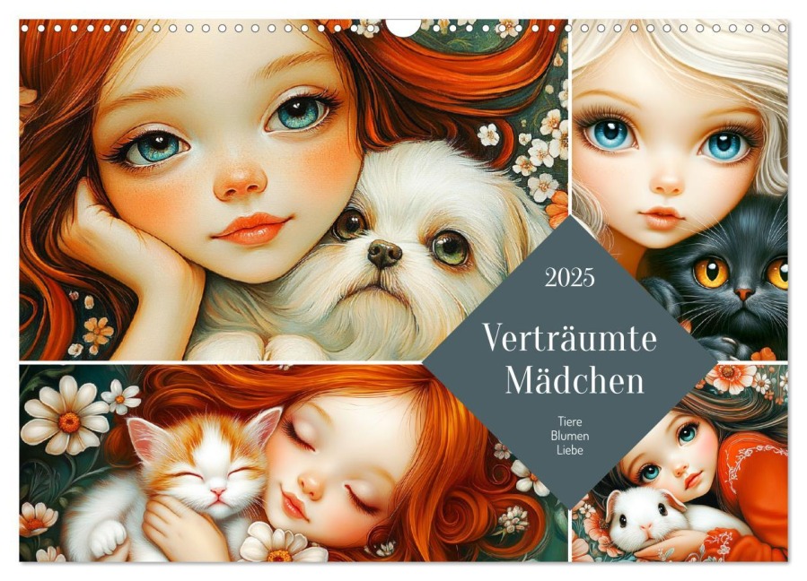 Verträumte Mädchen. Tiere, Blumen, Liebe. (Wandkalender 2025 DIN A3 quer), CALVENDO Monatskalender - Rose Hurley