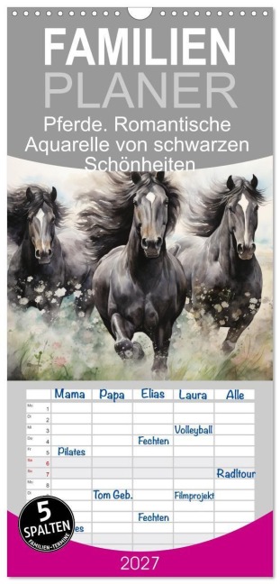 Familienplaner 2027 - Pferde. Romantische Aquarelle von schwarzen Schönheiten mit 5 Spalten (Wandkalender, 21 x 45 cm) CALVENDO - Rose Hurley