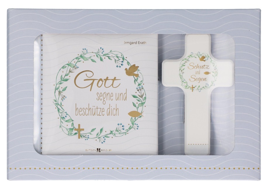 Butzon & Bercker Geschenkset zur Taufe 15 x 22 x 2 cm - Holzkreuz aus Buchenholz weiß lackiert mit Taufspruch, gebundenes Buch 11 x 11 cm, Lieferung in Geschenkverpackung - Irmgard Erath