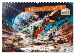 Cover-Bild zum Titel 'Dinosaurier Sci-Fi - Kampf der Urzeitgiganten im Weltall (Wandkalender 2026 DIN A3 quer), CALVENDO Monatskalender' von 'Anja Frost'