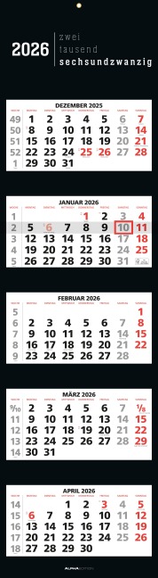 5-Monatskalender Black 2026 - Büro-Kalender 33x20 cm (geschlossen), 33x120 (geöffnet) - faltbar - mit Datumsschieber - Alpha Edition - 