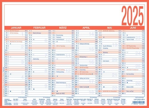 Arbeitstagekalender 2025 - A4 (29 x 21 cm) - 6 Monate auf 1 Seite - Tafelkalender - auf Pappe kaschiert - Jahresplaner - 908-1315 - 