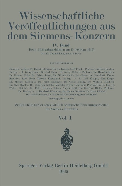 Wissenschaftliche Veröffentlichungen aus dem Siemens-Konzern - Heinrich Von Boul, Robert Jaeger, Werner Jubitz, Jürgen Issendorff, Florus Kertscher