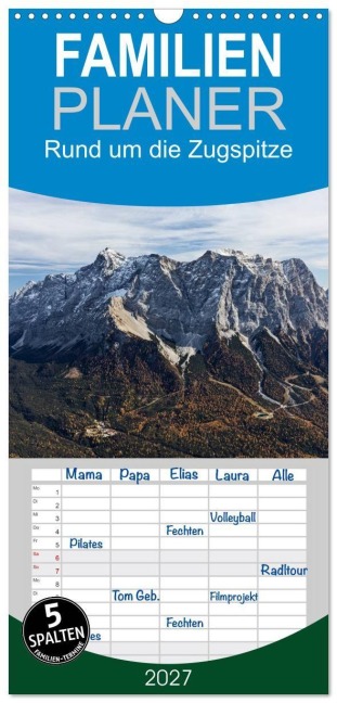 Familienplaner 2027 - Rund um die Zugspitze mit 5 Spalten (Wandkalender, 21 x 45 cm) CALVENDO - Andreas Vonzin