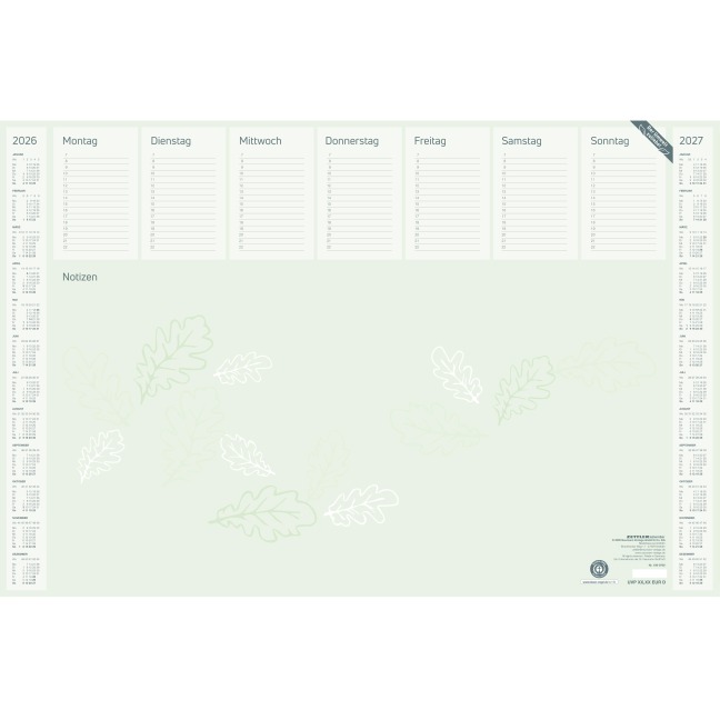 Schreibunterlage Recycling 2026 - 59,5x40 cm - 1 Woche auf 1 Blatt - inkl. Dreijahresübersicht - 35 Blatt, mit stablier Kartonunterlage - 106-0700 - 