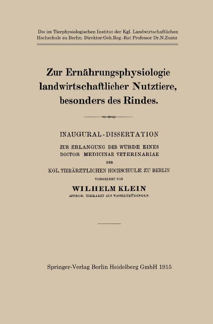 Zur Ernährungsphysiologie landwirtschaftlicher Nutztiere, besonders des Rindes - Wilhelm Klein