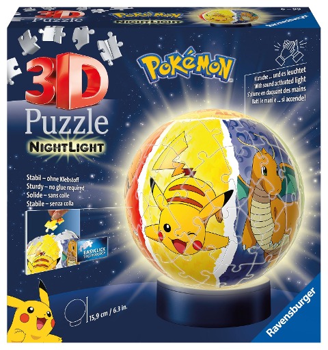 Ravensburger 3D Puzzle 11547 - Nachtlicht Puzzle-Ball Pokémon - 72 Teile - für Pokémon Fans ab 6 Jahren, LED Nachttischlampe mit Klatsch-Mechanismus - 