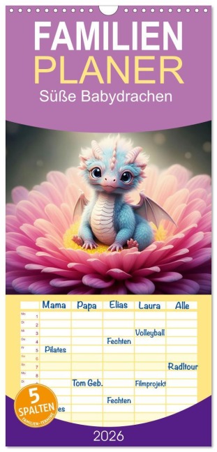 Familienplaner 2026 - Süße Babydrachen mit 5 Spalten (Wandkalender, 21 x 45 cm) CALVENDO - Dusanka Djeric