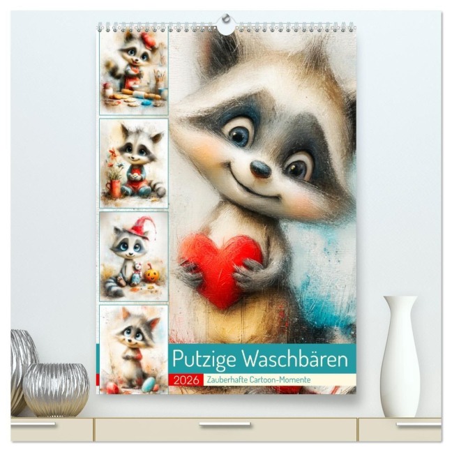 Putzige Waschbären. Zauberhafte Cartoon-Momente (hochwertiger Premium Wandkalender 2026 DIN A2 hoch), Kunstdruck in Hochglanz - Rose Hurley