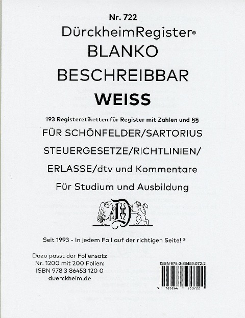 DürckheimRegister® BLANKO-WEISS beschreibbar für Gesetzessammlungen Nr. 722 - Constantin von Dürckheim