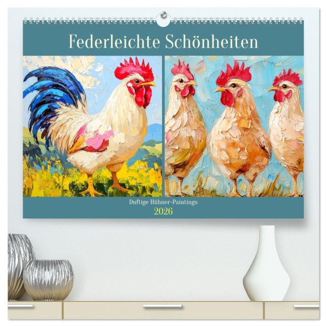 Federleichte Schönheiten. Duftige Hühner-Paintings (hochwertiger Premium Wandkalender 2026 DIN A2 quer), Kunstdruck in Hochglanz - Rose Hurley