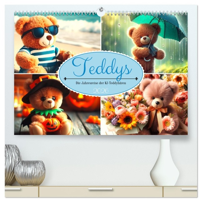 Teddys - Die Jahresreise der KI-Teddybären (hochwertiger Premium Wandkalender 2026 DIN A2 quer), Kunstdruck in Hochglanz - Marco Warstat