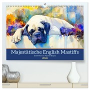 Cover-Bild zum Titel 'Majestätische English Mastiffs. Sanfte Riesen in Aquarell-Eleganz (hochwertiger Premium Wandkalender 2026 DIN A2 quer), Kunstdruck in Hochglanz' von 'Rose Hurley'
