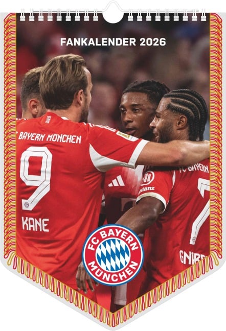 FC Bayern München 2026 - Mini-Bannerkalender 21x30 cm mit 12 Monatsblättern, deutschem Kalendarium & Spiralbindung, Fußball-Fankalender mit Spieler- & Stadionfotografien - 