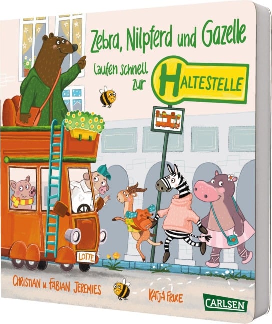 Zebra, Nilpferd und Gazelle laufen schnell zur ... Haltestelle!