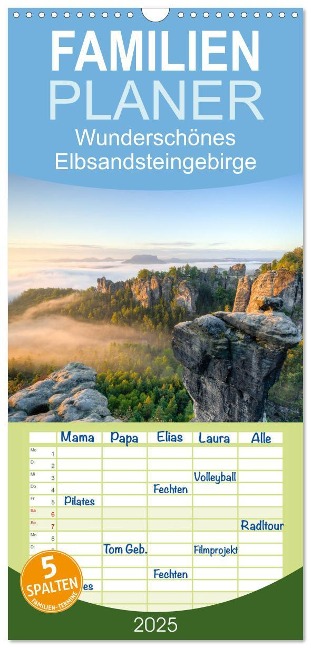 Familienplaner 2025 - Wunderschönes Elbsandsteingebirge mit 5 Spalten (Wandkalender, 21 x 45 cm) CALVENDO - Michael Valjak