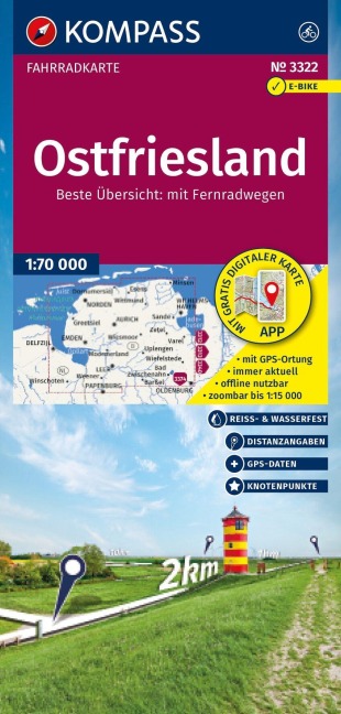 KOMPASS Fahrradkarte 3322 Ostfriesland mit Knotenpunkten 1:70.000 - 