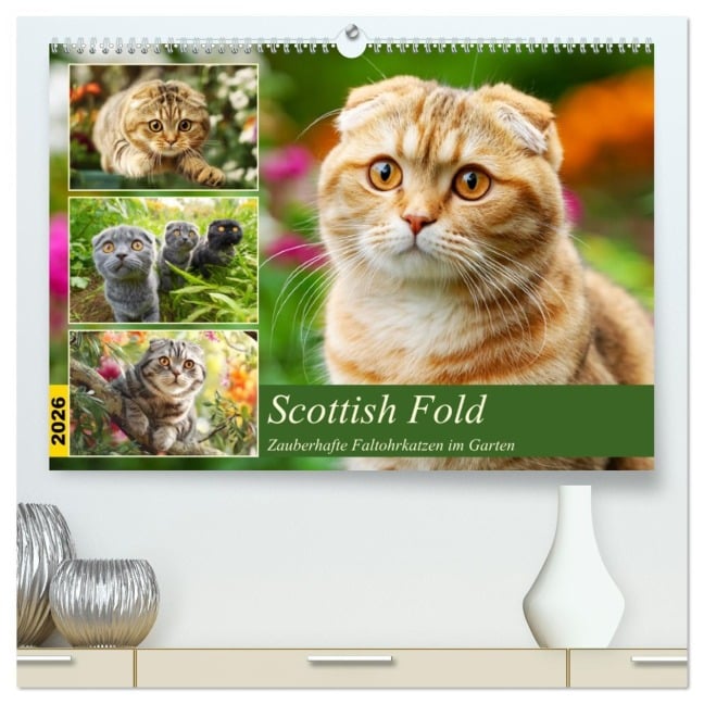 Scottish Fold. Zauberhafte Faltohrkatzen im Garten (hochwertiger Premium Wandkalender 2026 DIN A2 quer), Kunstdruck in Hochglanz - Rose Hurley