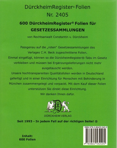 600 DürckheimRegister®-FOLIEN für STEUERGESETZE u.a; zum Einheften und Unterteilen der Gesetzessammlungen - 