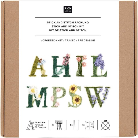 Stick & Stitch Packung Blumenalphabet, bunt, inkl. wasserlöslicher, bedruckter Stickvorlage, Stickgarn, Sticknadel und Anleitung - 