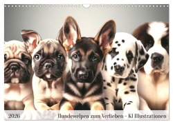 Cover-Bild zum Titel 'Hundewelpen zum Verlieben - KI Illustrationen (Wandkalender 2026 DIN A3 quer), CALVENDO Monatskalender' von 'Marco Warstat'