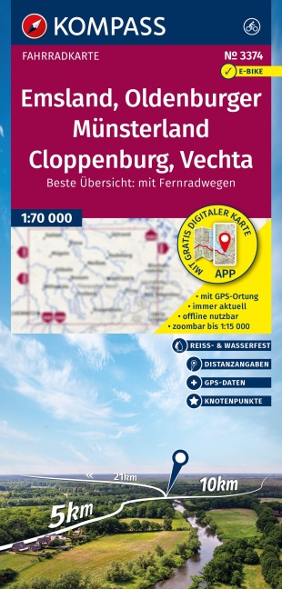 KOMPASS Fahrradkarte 3374 Emsland, Oldenburger Münsterland, Cloppenburg, Vechta mit Knotenpunkten 1:70.000 - 
