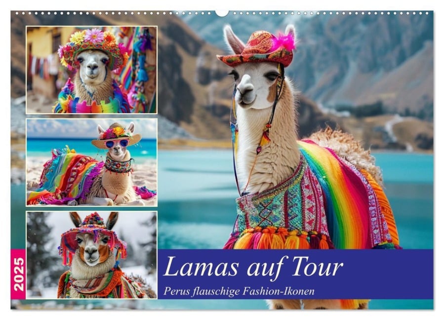 Lamas auf Tour. Perus flauschige Fashion-Ikonen (Wandkalender 2025 DIN A2 quer), CALVENDO Monatskalender - Rose Hurley