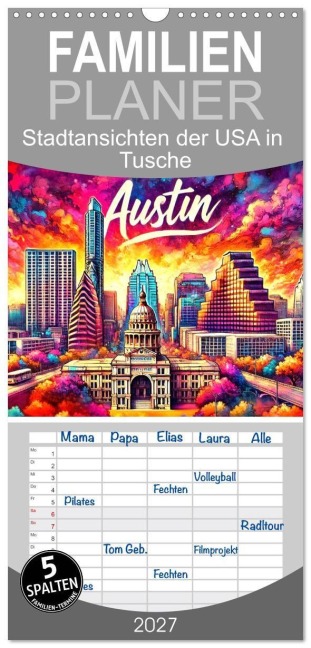 Familienplaner 2027 - Stadtansichten der USA in Tusche mit 5 Spalten (Wandkalender, 21 x 45 cm) CALVENDO - Marco Warstat
