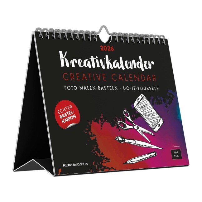 Kreativ-Kalender Tischaufsteller quer schwarz 2026 - Kreativ-Kalender - DIY-Kalender - Kalender zum Basteln - Tischkalender - 20x16 - 