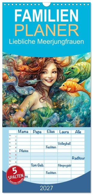 Familienplaner 2027 - Liebliche Meerjungfrauen mit 5 Spalten (Wandkalender, 21 x 45 cm) CALVENDO - Sabine Löwer