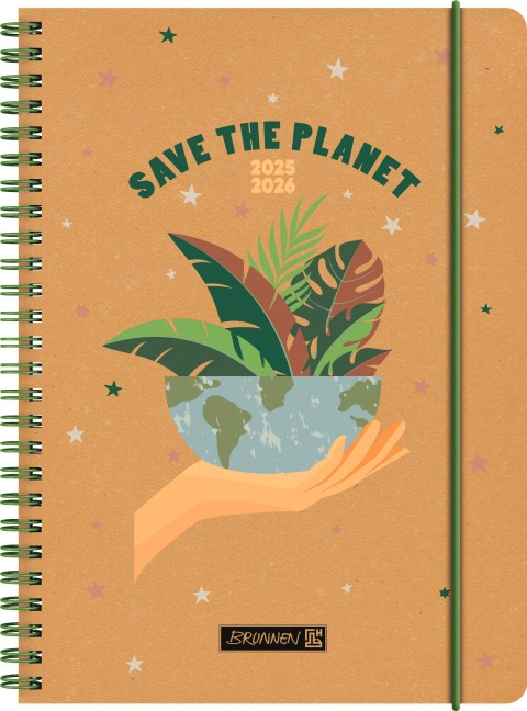 BRUNNEN Schülerkalender (2025/2026) "Save The Planet", 2 Seiten = 1 Woche, A5, 208 Seiten, Recyclingleder-Umschlag, mehrfarbig - 