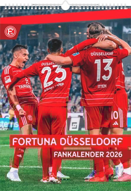 N Neumann - Fortuna Düsseldorf 2026 - Wandkalender A3 (30x42 cm) mit 12 Monatsblättern, deutschem Kalendarium & Spiralbindung, Fußball-Fankalender mit Spielerfotografien in Rot-Weiß - 