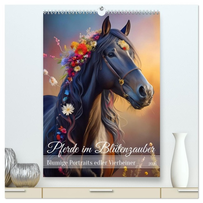 Pferde im Blütenzauber - Blumige Portraits edler Vierbeiner (hochwertiger Premium Wandkalender 2026 DIN A2 hoch), Kunstdruck in Hochglanz - Fotodesign Verena Scholze