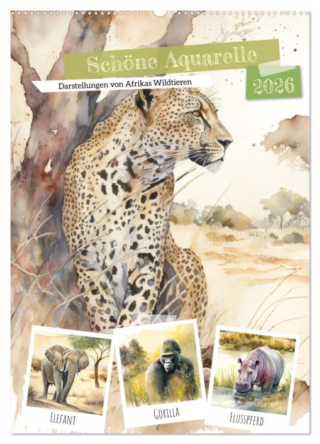 Schöne Aquarelle. Darstellungen von Afrikas Wildtieren (Wandkalender 2026 DIN A2 hoch), CALVENDO Monatskalender - Rose Hurley