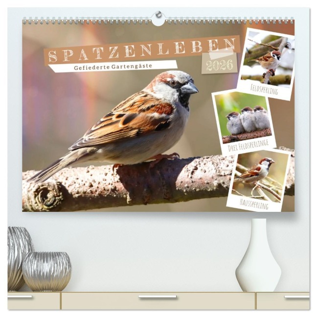 Gefiederte Gartengäste, Spatzenleben (hochwertiger Premium Wandkalender 2026 DIN A2 quer), Kunstdruck in Hochglanz - Sabine Löwer